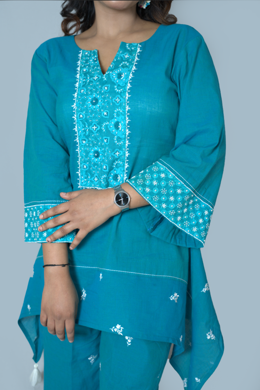 Turquoise Blue Asymmetric Kurta Set