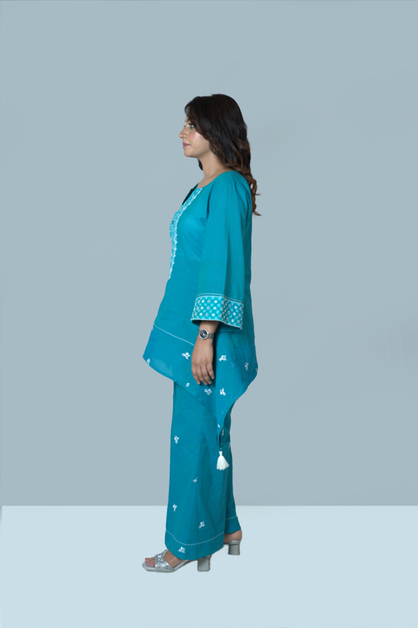 Turquoise Blue Asymmetric Kurta Set