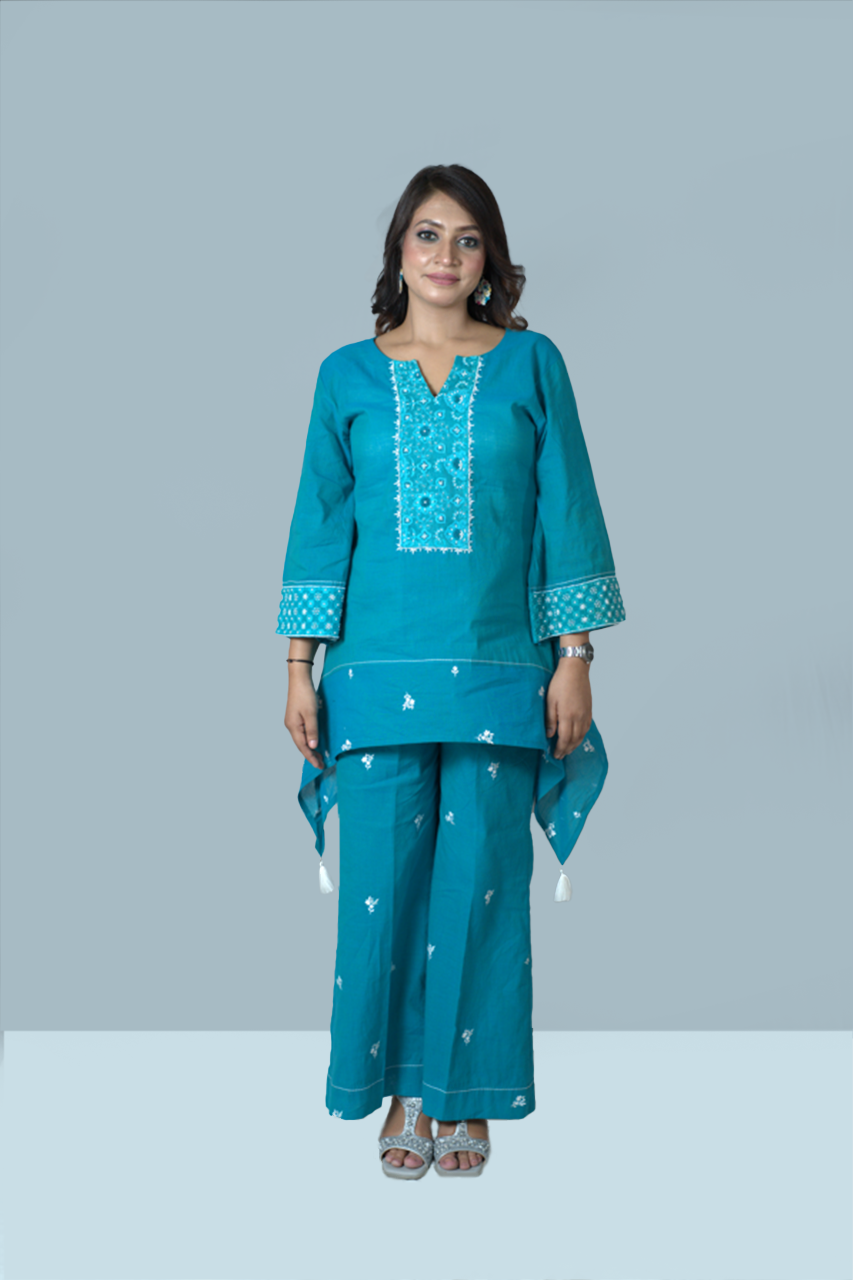 Turquoise Blue Asymmetric Kurta Set