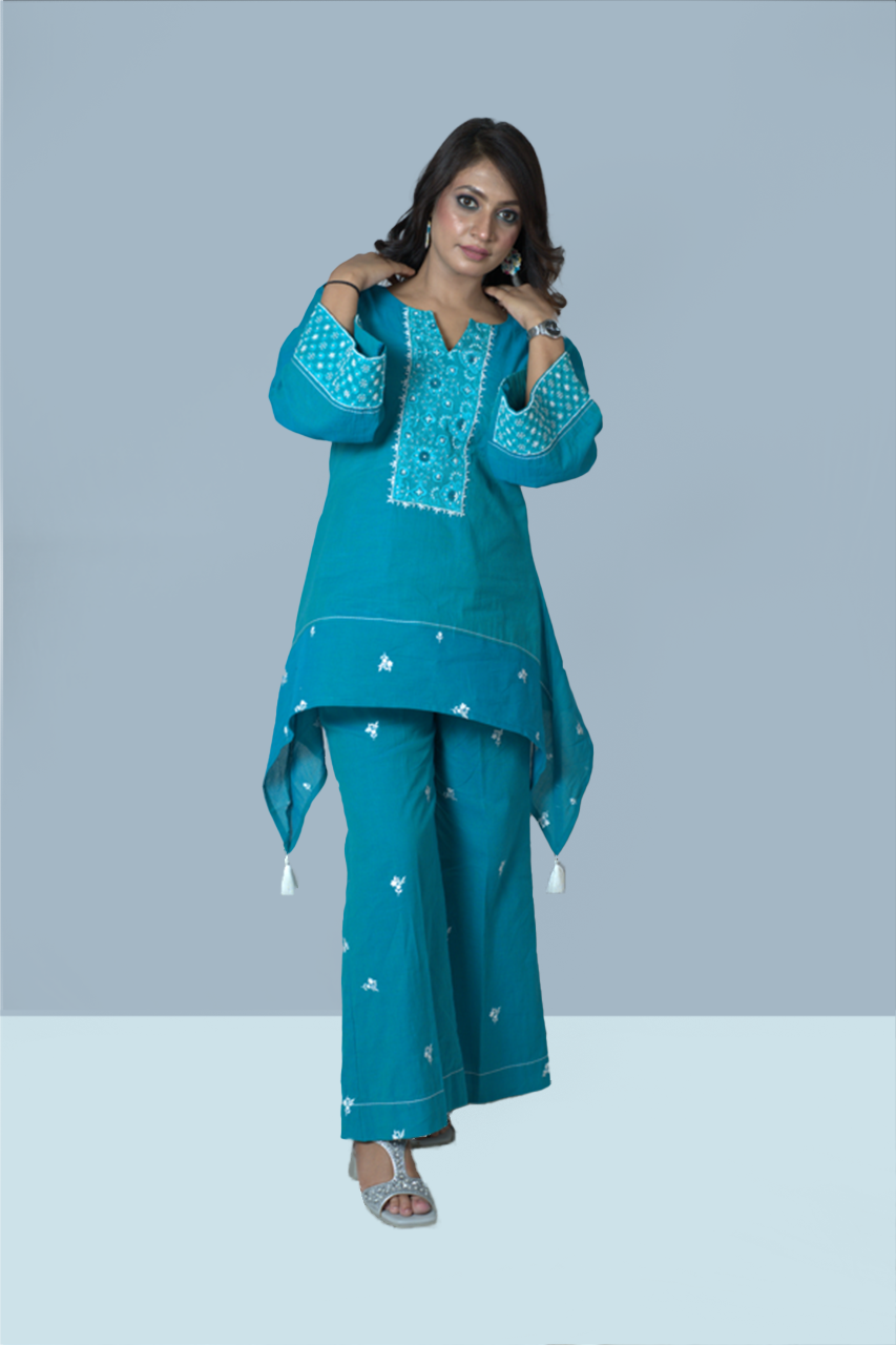 Turquoise Blue Asymmetric Kurta Set