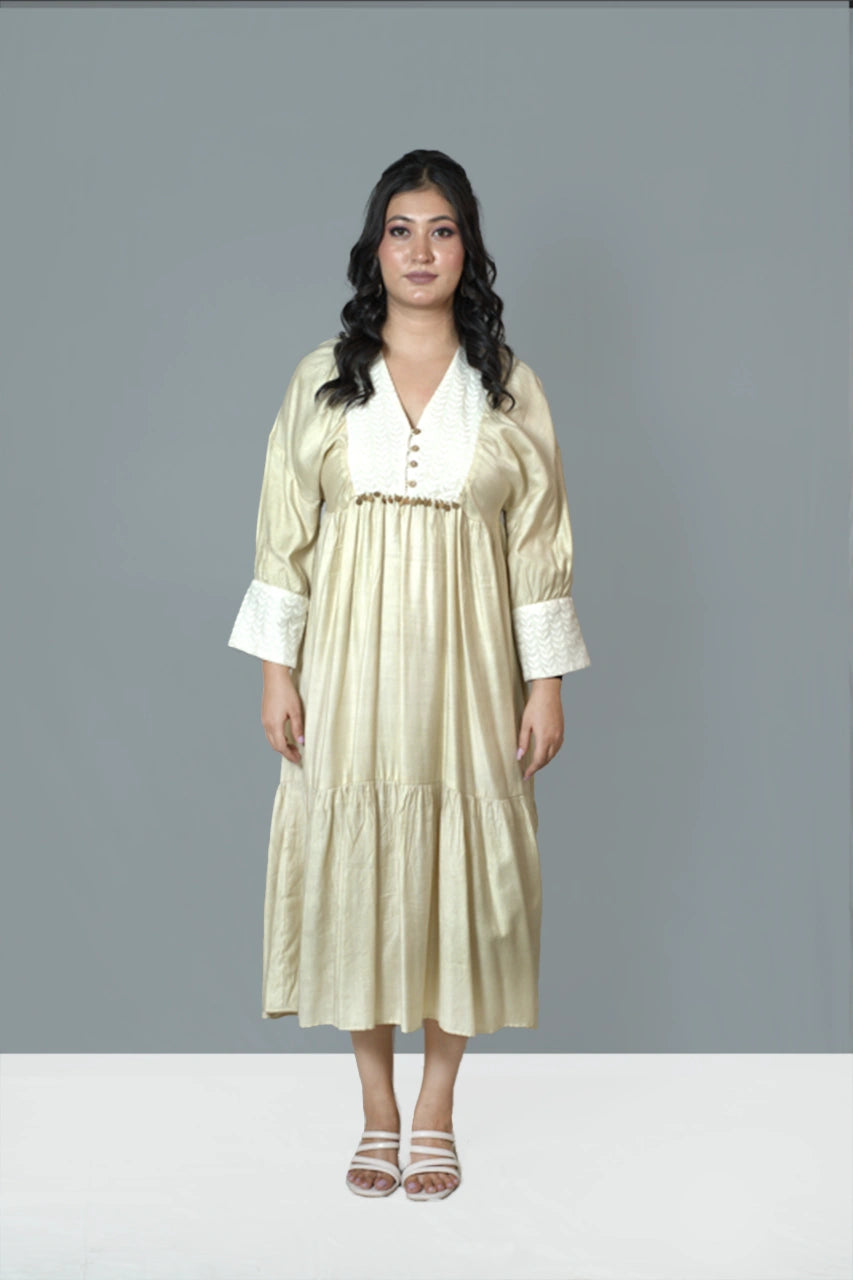 Champagne Elegance Tiered Midi Dress