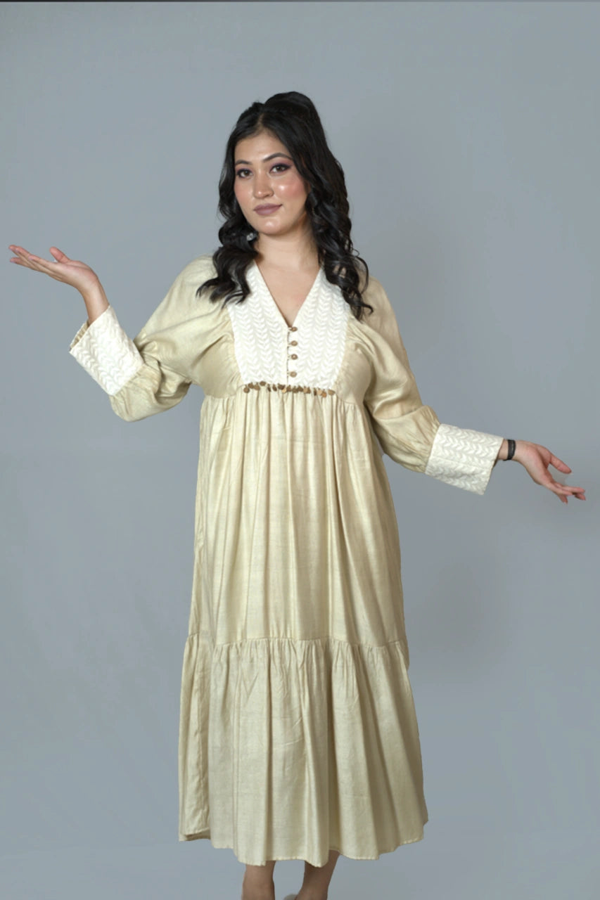 Champagne Elegance Tiered Midi Dress