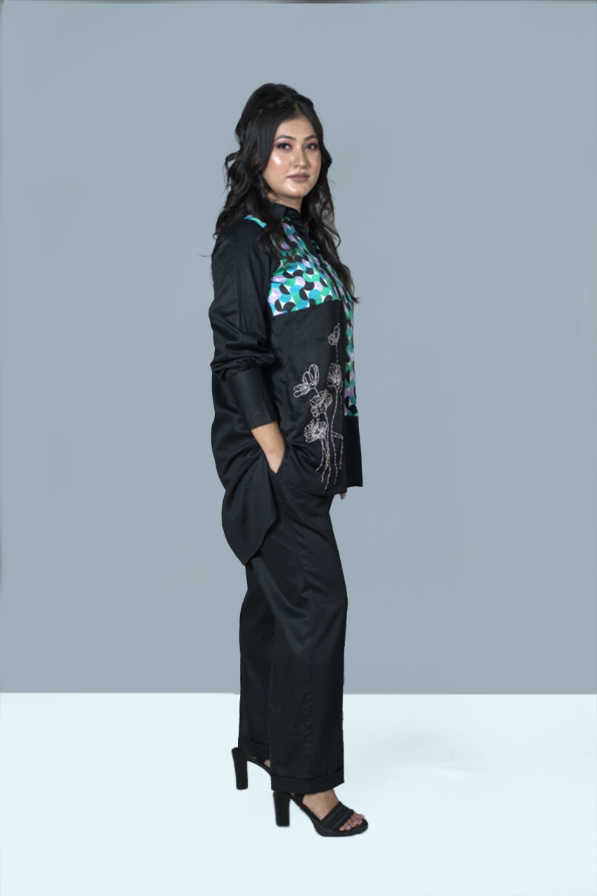 Floral Face Multi- Black Co-ord set