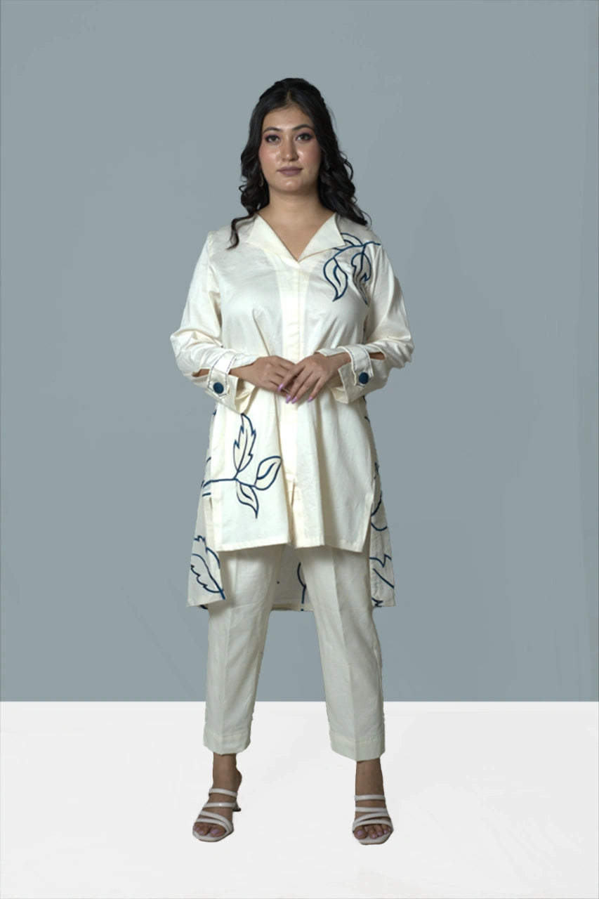 High-Low Leaf Embroidery Ivory Co-Ord Set