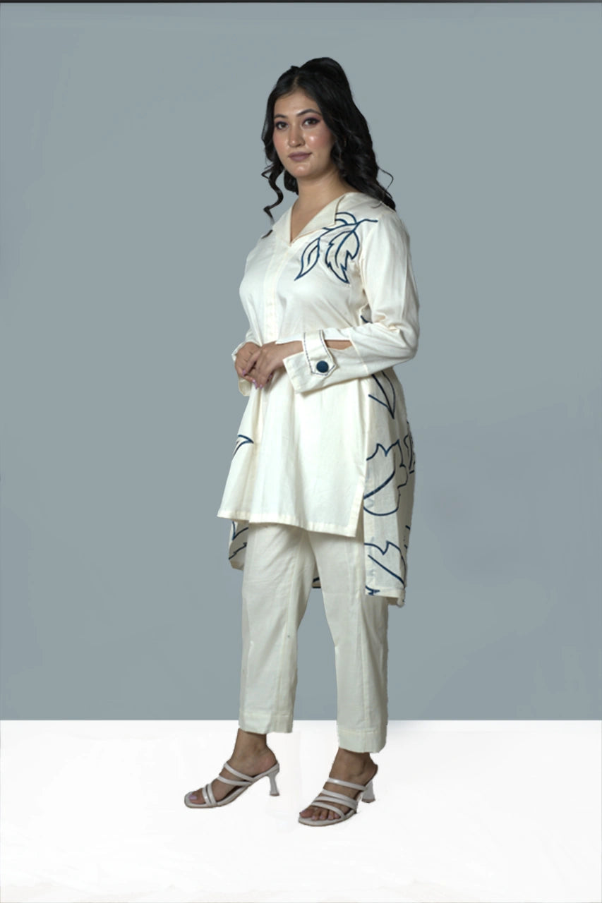 High-Low Leaf Embroidery Ivory Co-Ord Set