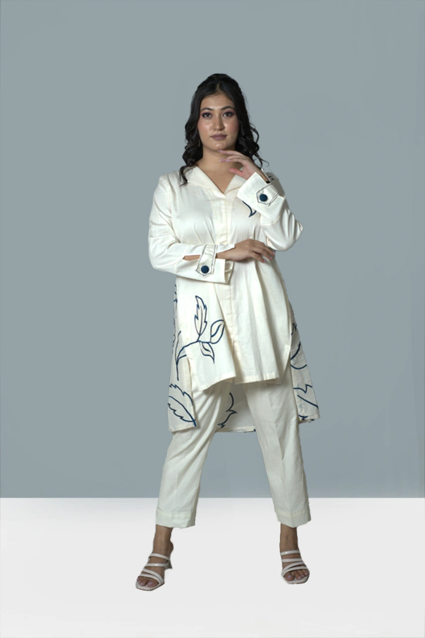 High-Low Leaf Embroidery Ivory Co-Ord Set