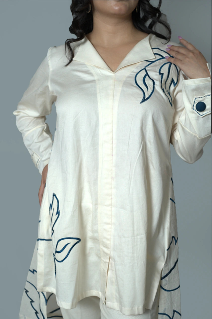 High-Low Leaf Embroidery Ivory Co-Ord Set